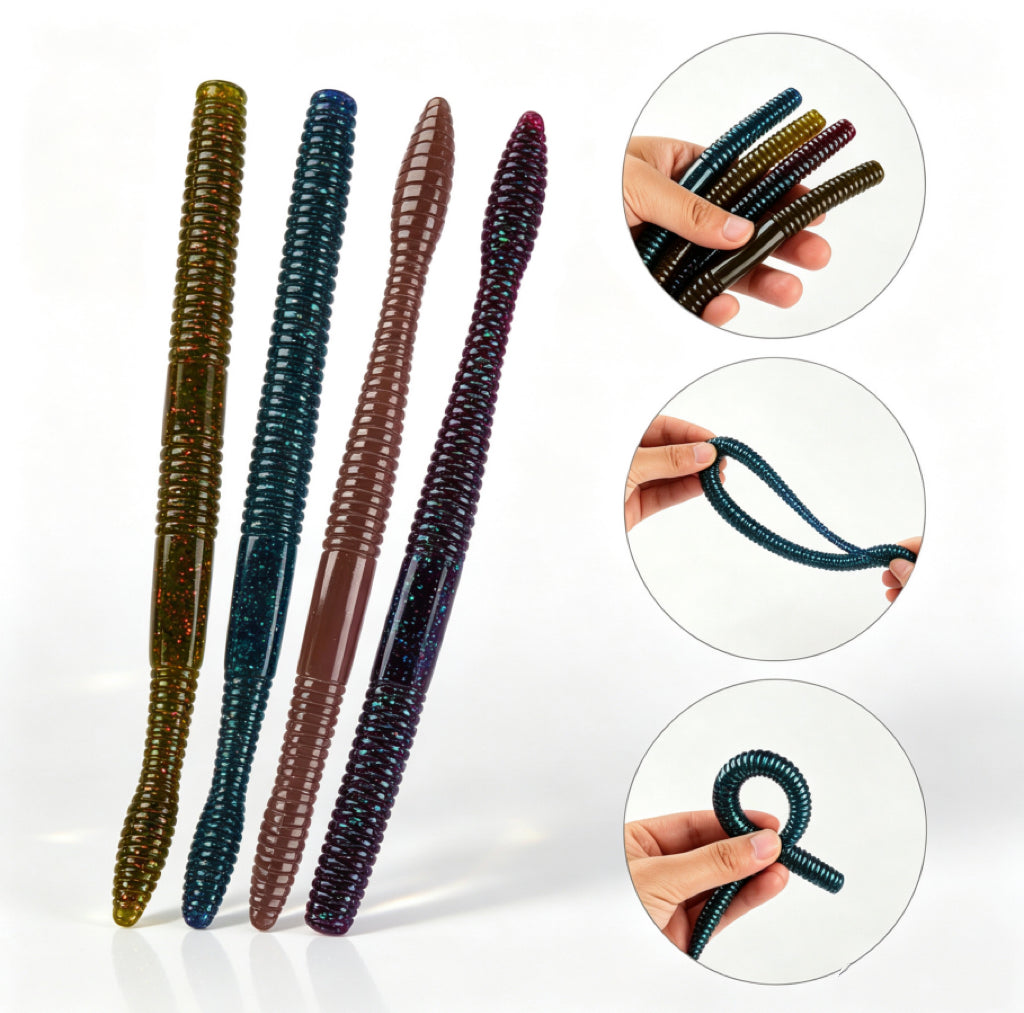 Master Logic 16PCs 21cm Elastic Noodle Worm Soft Lures, Salt Scent Infused Realistic Wriggling Artificial Earthworm Bait for Bass Trout Freshwater Fishing