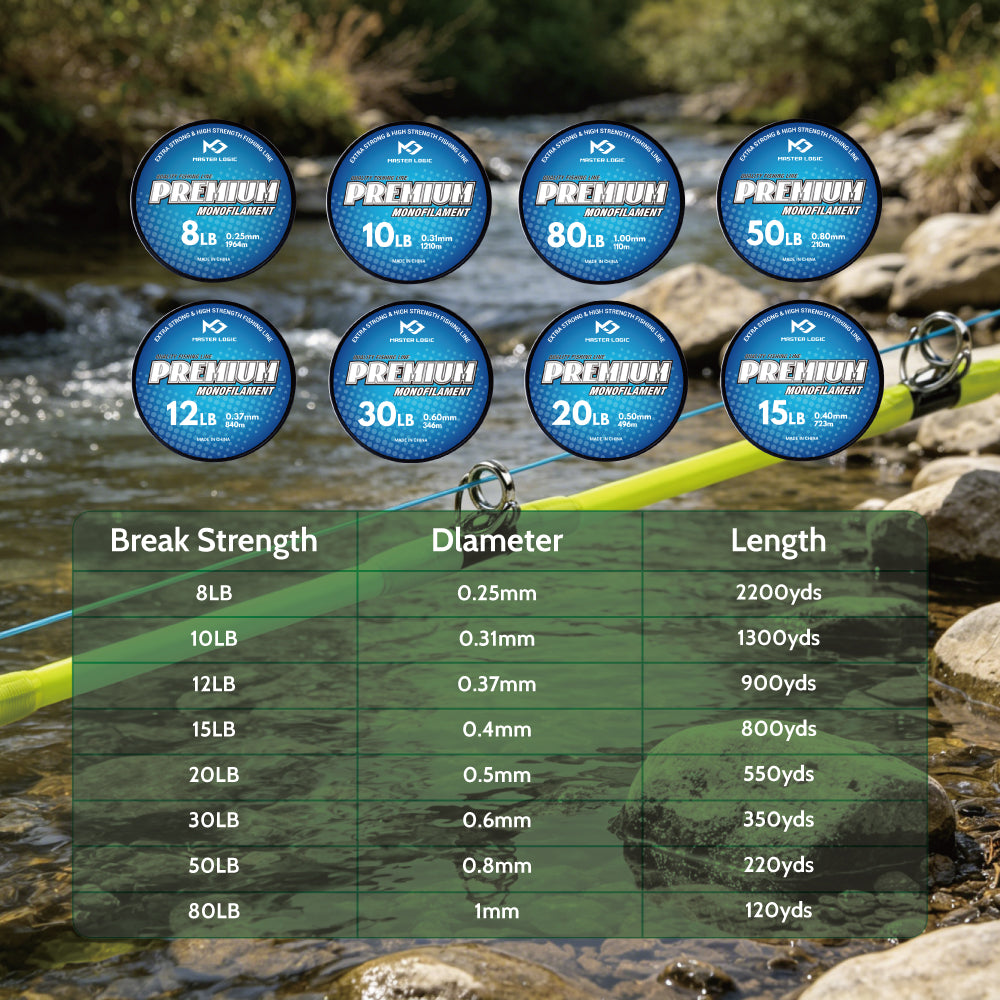 Master Logic Premium Monofilament Fishing Line, High Tensile Nylon Mono Line 8‑80LB, Abrasion Resistant Freshwater & Saltwater Fishing Line