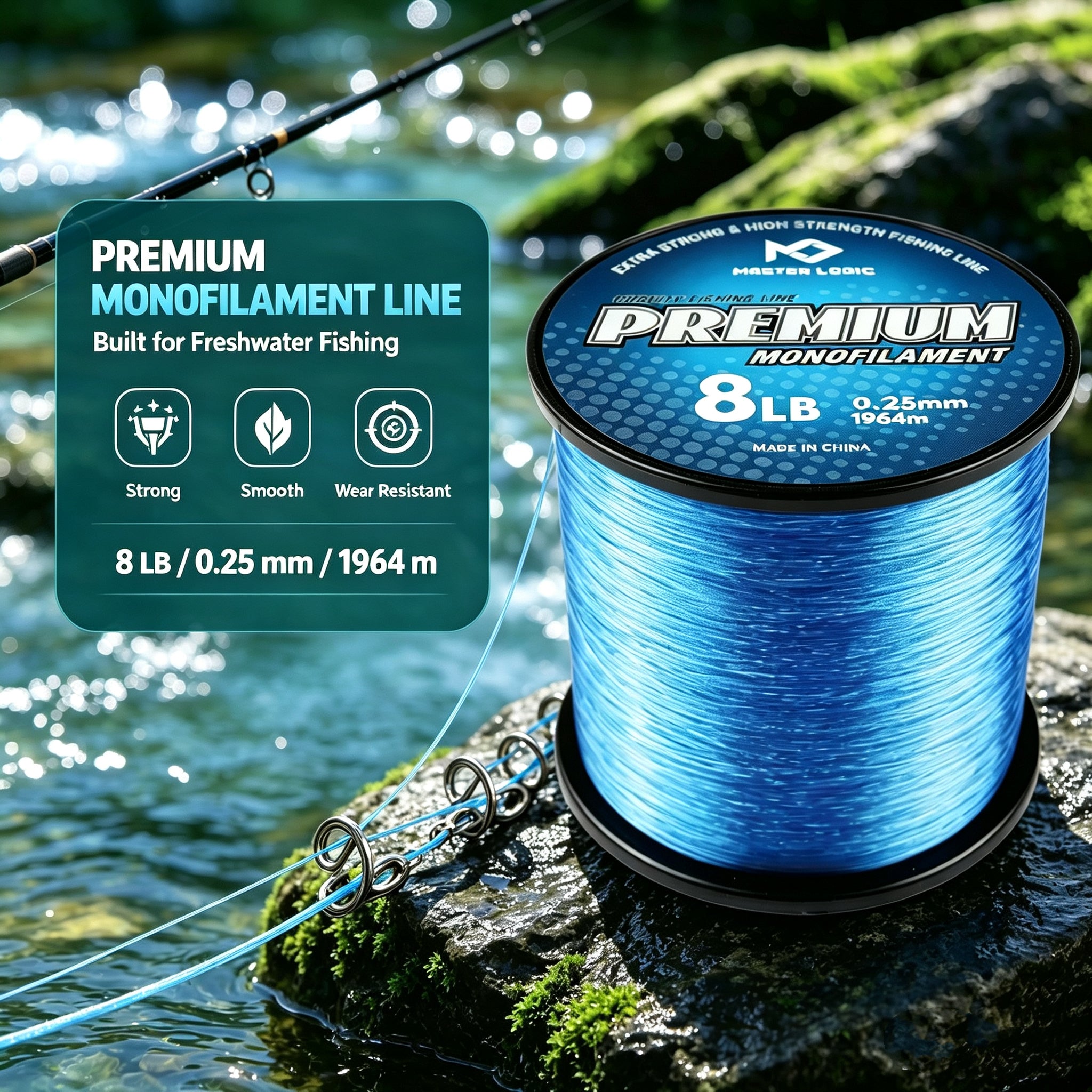 Master Logic Premium Monofilament Fishing Line, High Tensile Nylon Mono Line 8‑80LB, Abrasion Resistant Freshwater & Saltwater Fishing Line