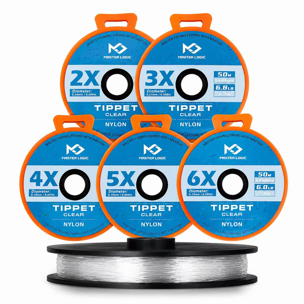 MASTER LOGIC Nylon Fly Fishing Tippet Line, 2X‑6X Set 50M Clear Monofilament Leader for Trout Freshwater Fly Fishing